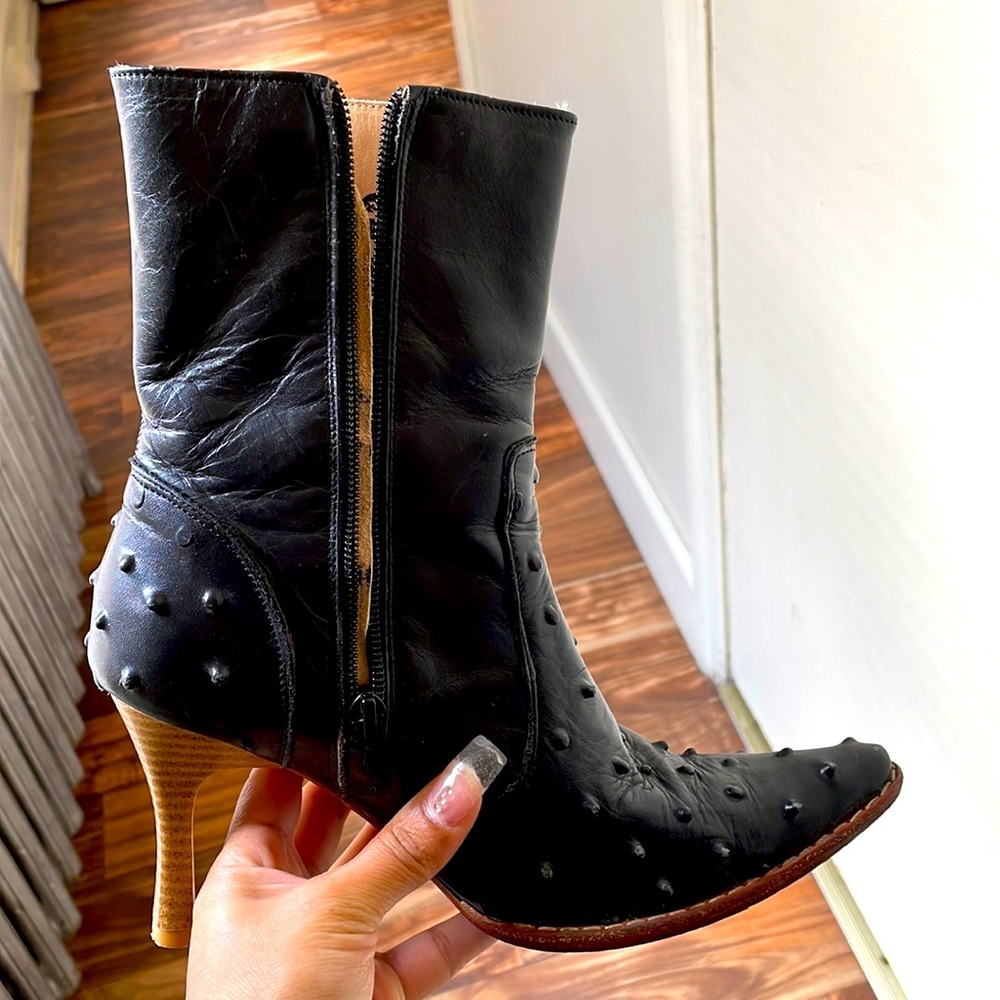 Black ostrich design leather boots